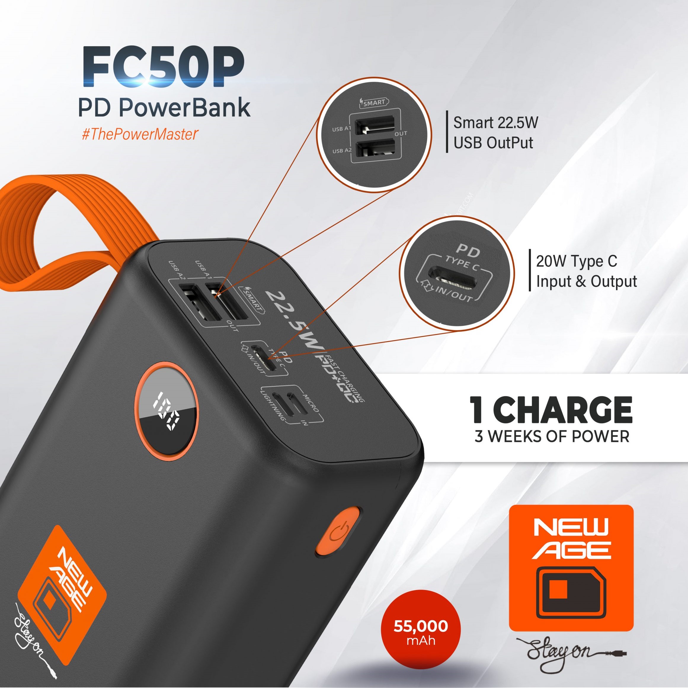 FC50P 50000mAh PD Power Bank IPhone Android Laptop Tablet PS5 